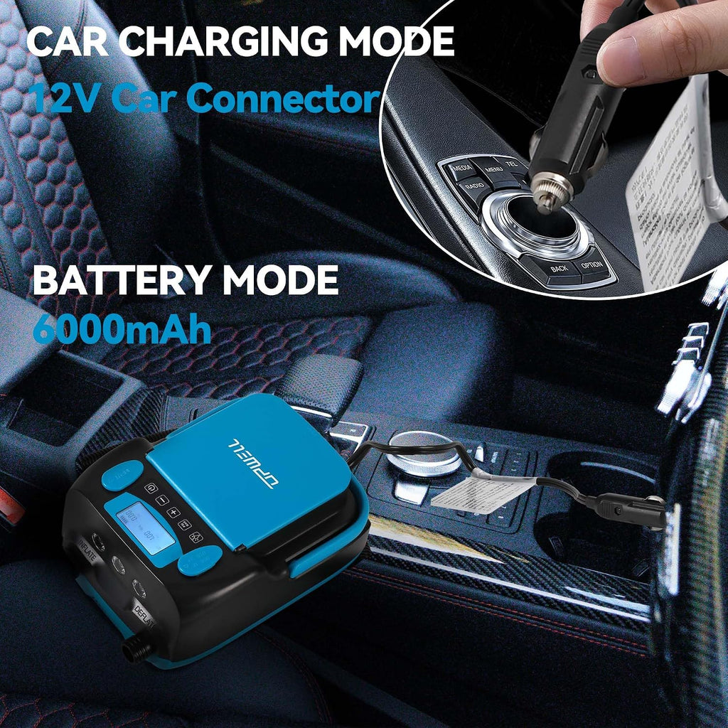 UPWELL Rechargeable Paddle Board Pump 16PSI Sup Air Pump with 6000mah Battery, 12V DC Car Connector Intelligent Dual Stage Inflation & Auto-Off Feature, Deflation Function