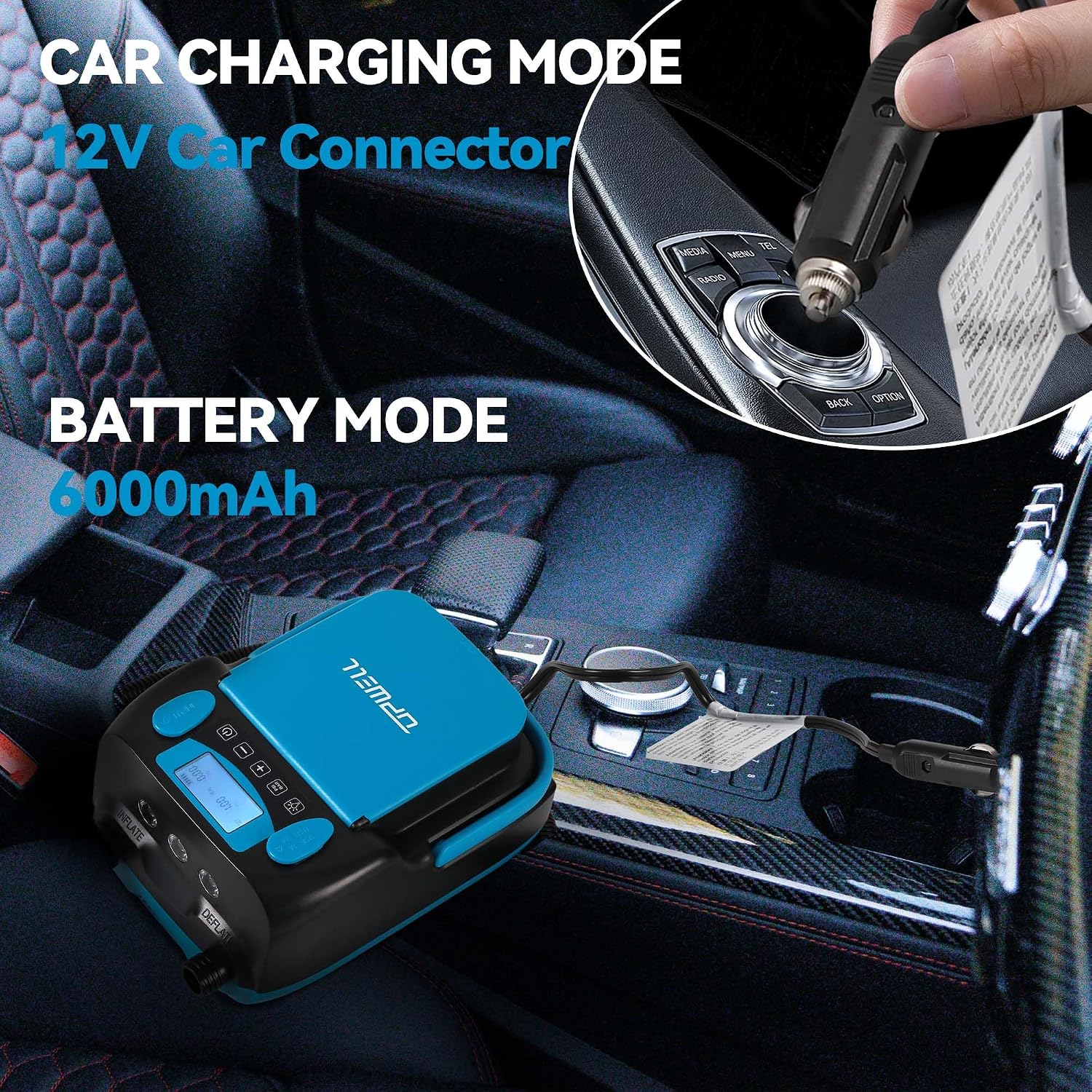 UPWELL Rechargeable Paddle Board Pump 16PSI Sup Air Pump with 6000mah Battery, 12V DC Car Connector Intelligent Dual Stage Inflation & Auto-Off Feature, Deflation Function