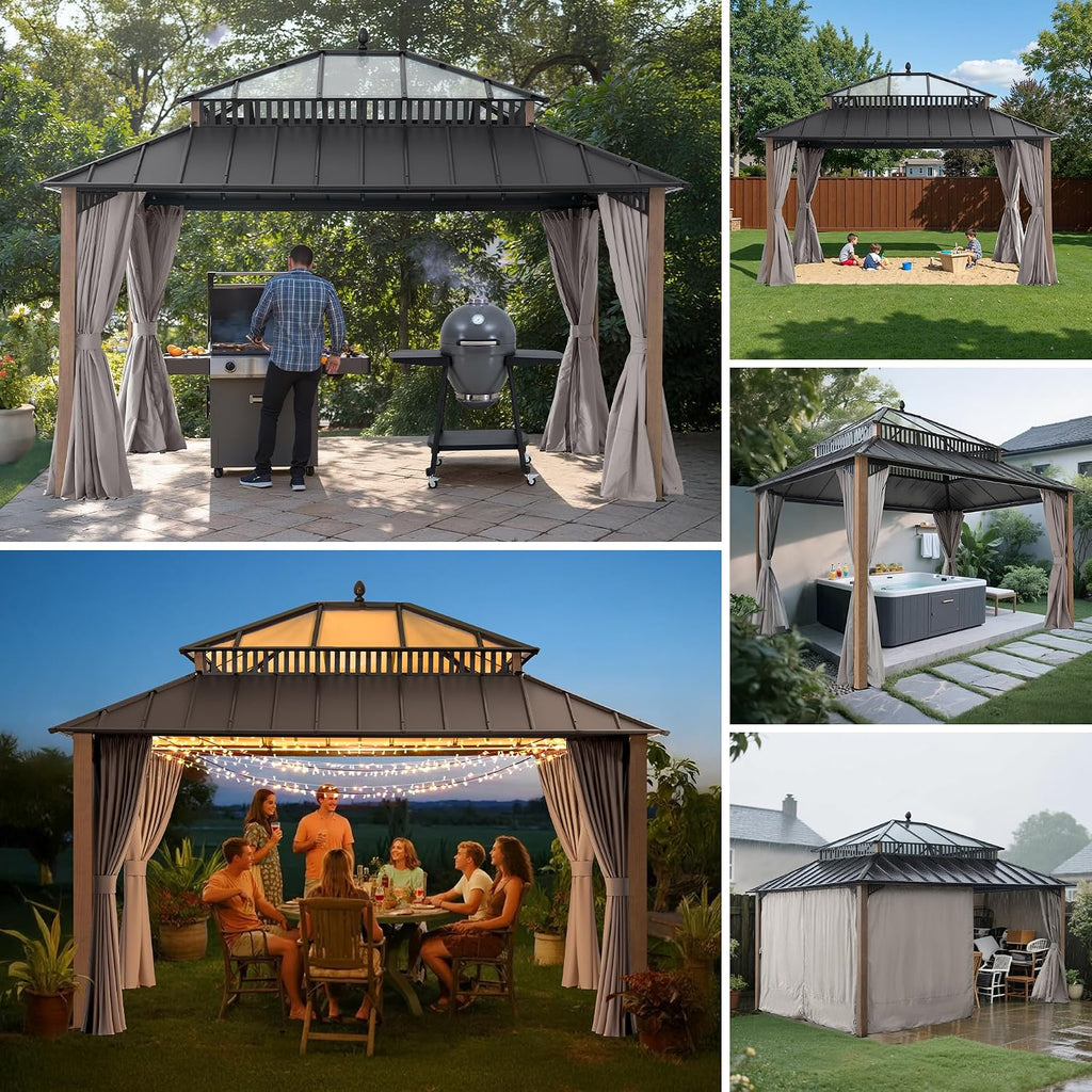 SUNJOY Kingston 14' x 12' Hardtop Gazebo with Galvanized Steel/Polycarbonate Double Roof, Curtain and Netting, Woodgrain Finish Aluminum Posts Permanent Pavilion Gazebo for Garden, Patio, Deck, Lawn