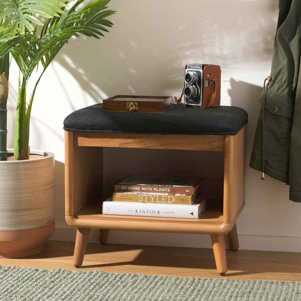 SAFAVIEH Home Collection Solo Black/Natural Open Shelf Bench with Cushion