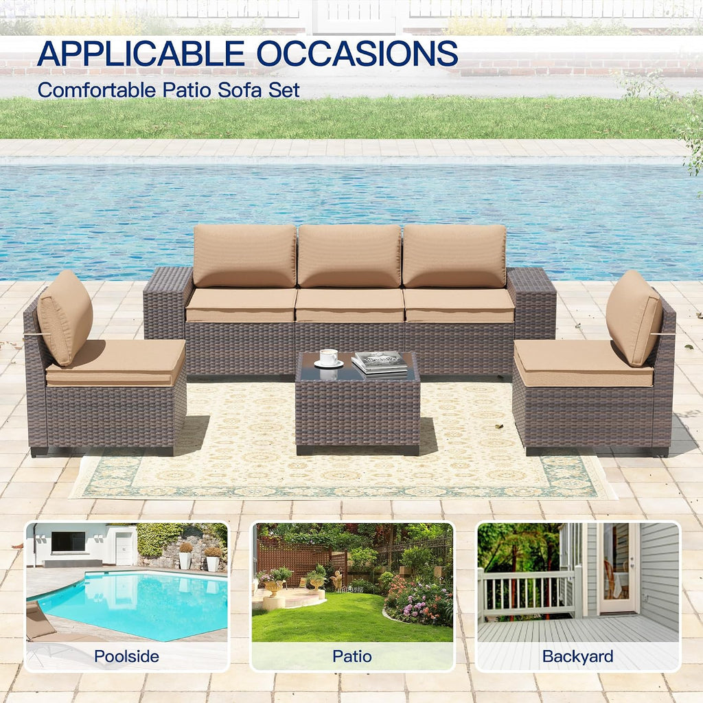 6 Pieces Patio Furniture Sets with Glass Tea Table,PE Rattan Wicker Patio Conversation Set with Washable Cushions,Outdoor Patio Sectional Furniture Set for Backyard, Poolside, Garden,Sand
