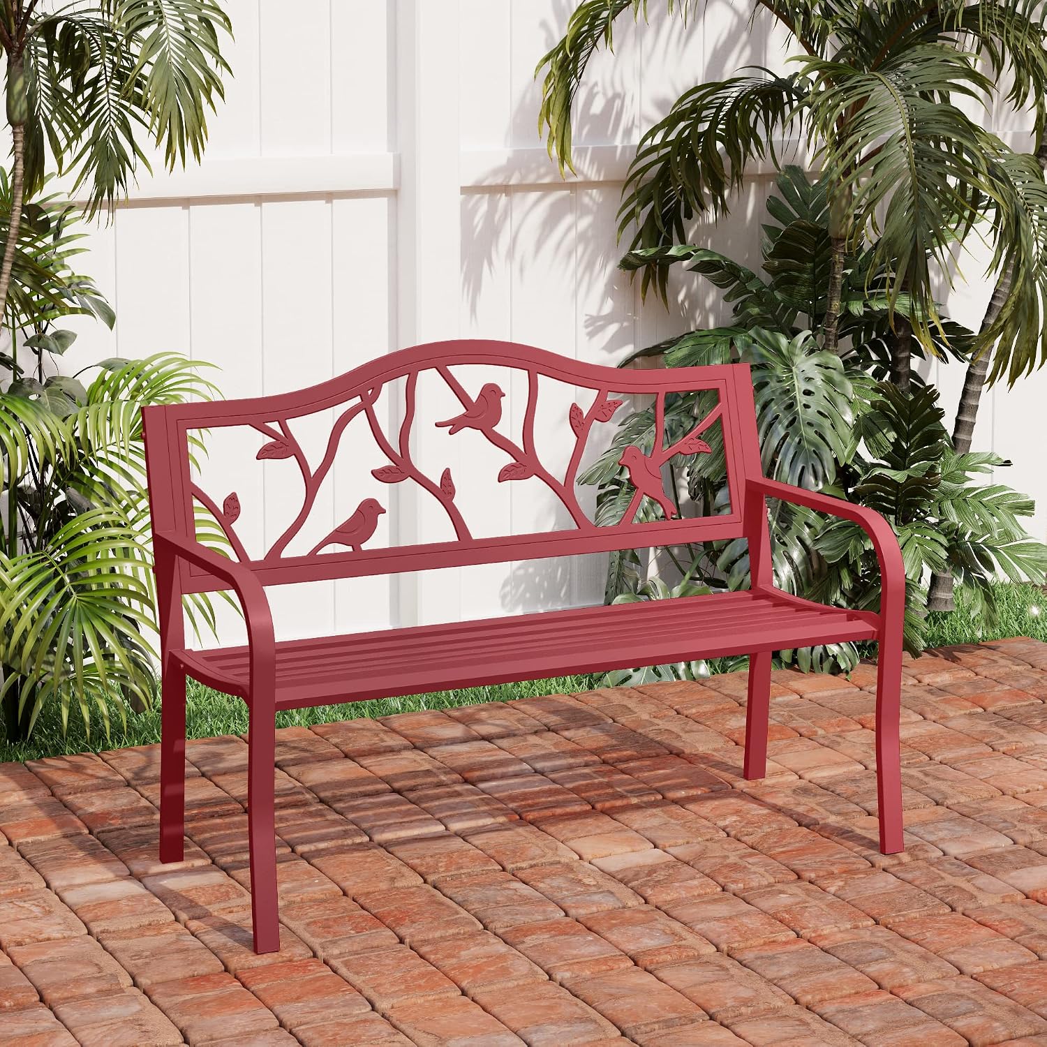 PHI VILLA Outdoor Patio 50' Metal Park Bench Red, Steel Frame Bench with Backrest and Armrests for Porch, Patio, Garden, Lawn, Balcony, Red Bird
