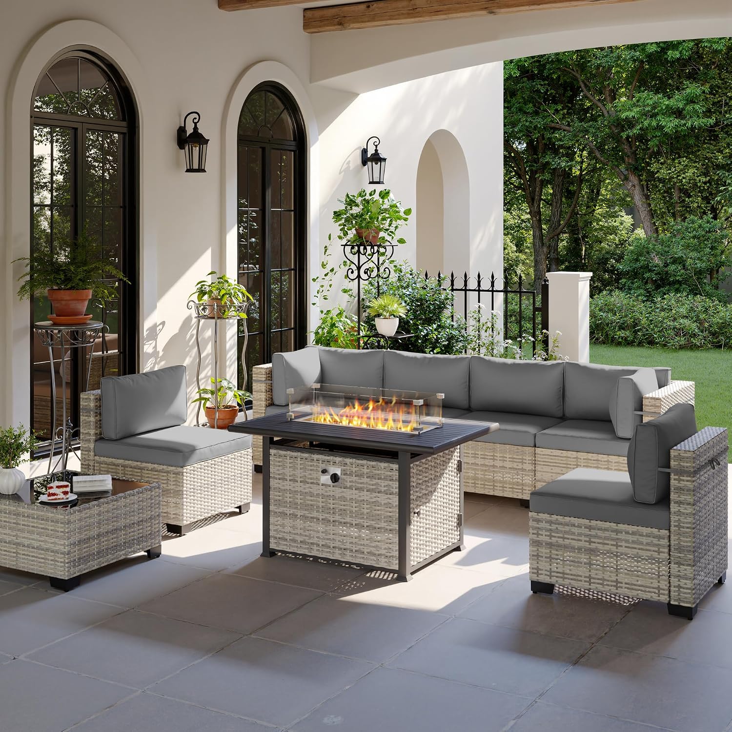 8-Piece Modern Patio Furniture Set with 55,000 BTU Fire Pit Table, Thick Cushions, Dual-Strand Wicker Rattan, Rust-Resistant Frame, Grey