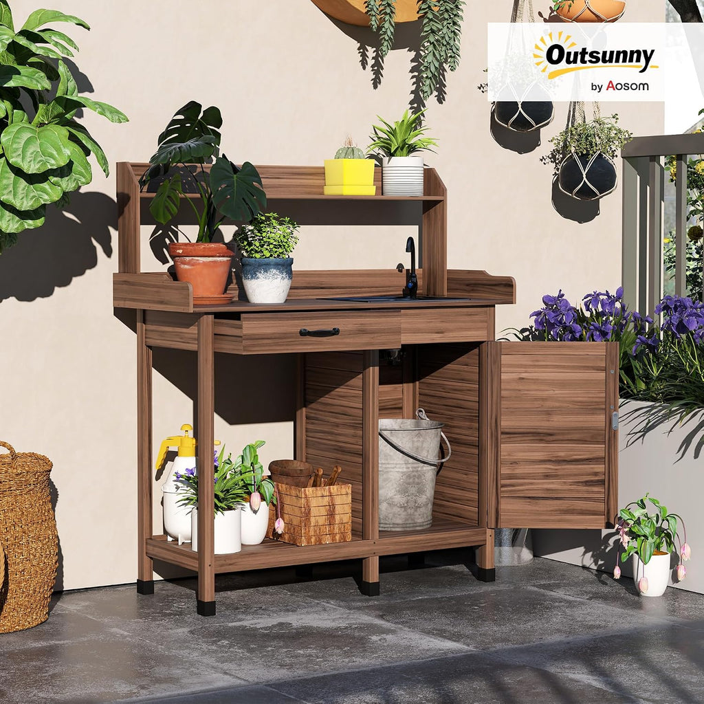 Outsunny Potting Bench Table with Removable Sink, Outdoor Work Bench Table with Storage Cabinet, Hooks, Faucet and Drawer for Greenhouse, Garden, Patio, Dark Brown
