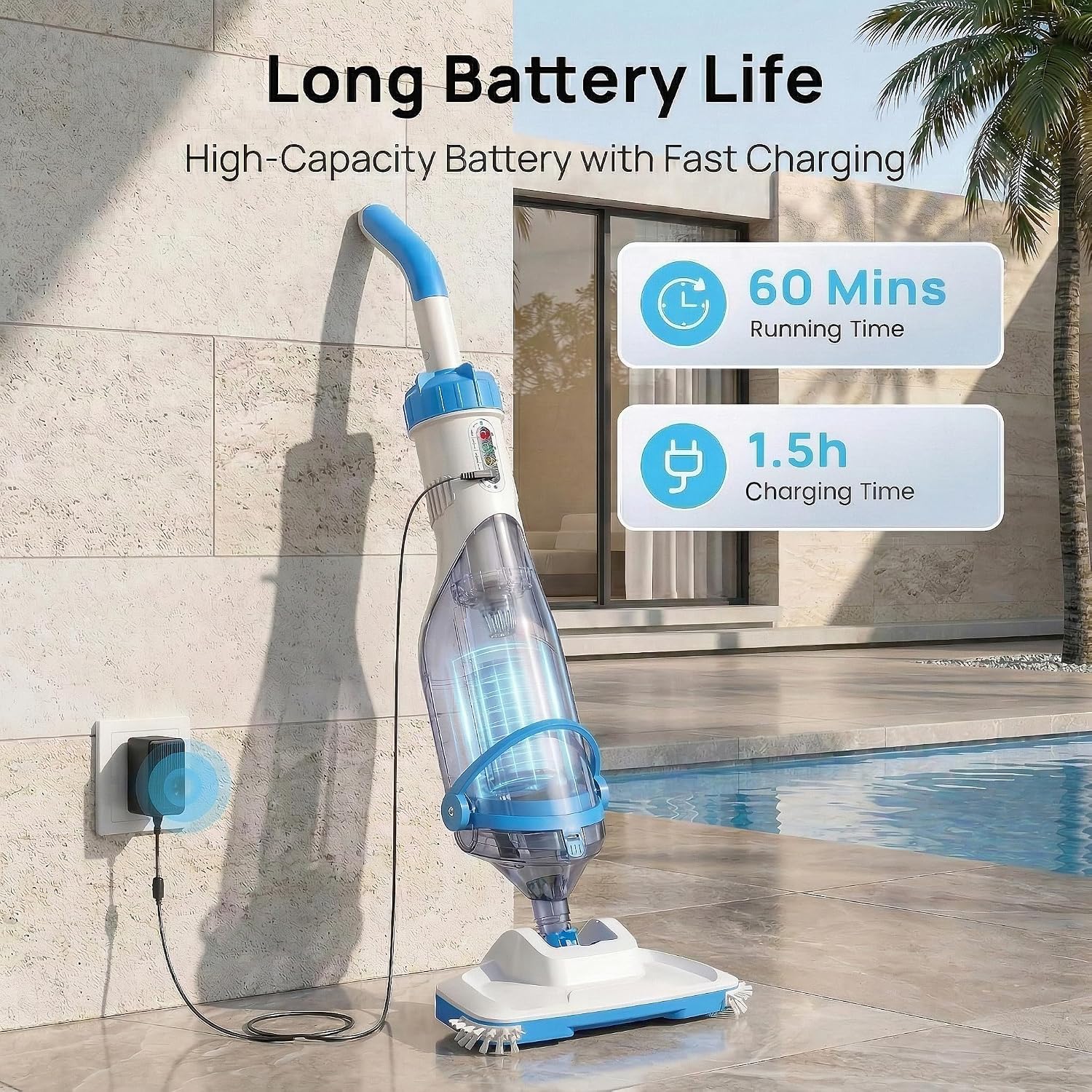 Consciot Pool Vacuum for Above Ground Pool & Inground Pool, Rechargeable Handheld Cleaner with Telescopic Pole,18.5 GPM Suction, 13.4' Head, 60-Min Runtime, for Spa & Hot Tub