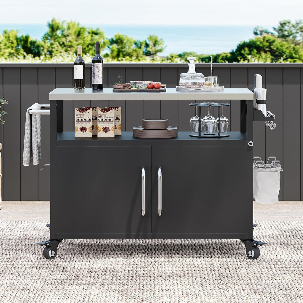 Outdoor Kitchen Island - 304 Stainless Steel Metal Grill Cart, Locking Wheels, Spice Rack & Storage Cabinets | Heavy-Duty All-Weather Design for BBQ Prep, Patio, Poolside (Outdoor Island Cart)