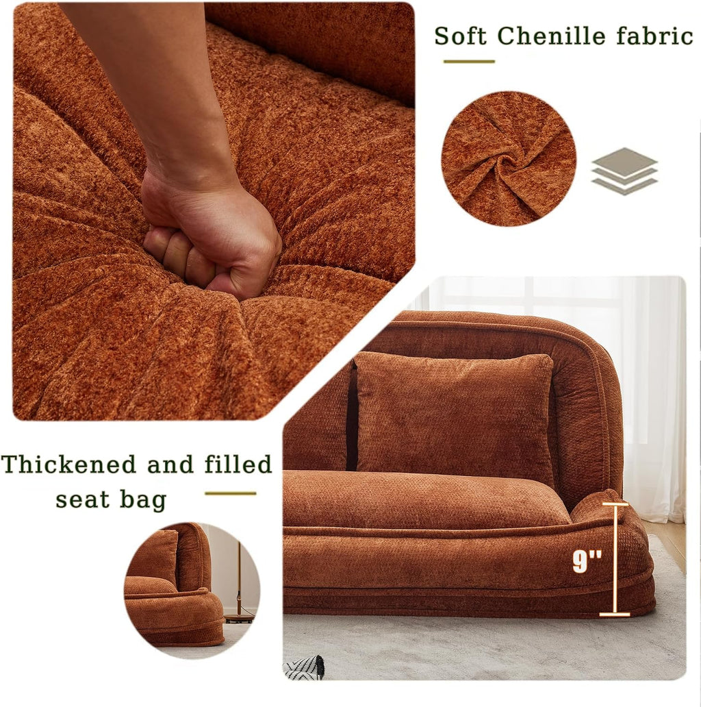 Floor Chair with Back Support, Human Dog Bed, Folding Loveseat with 5 Adjustable Position, 2 Back Cushions, Chenille Meditation Gaming Chair for Lazy Boys, Living Room, Lounge, Bedroom, Orange