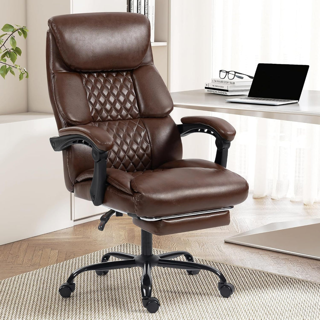 Office Chair, Executive High Back Leather Home Office Desk Chair with Footrest & Lumbar Support - Ergonomic Reclining Comfortable Wide Swivel Rolling Gaming Computer Chair 90-135° Adjustable Tilt Lock