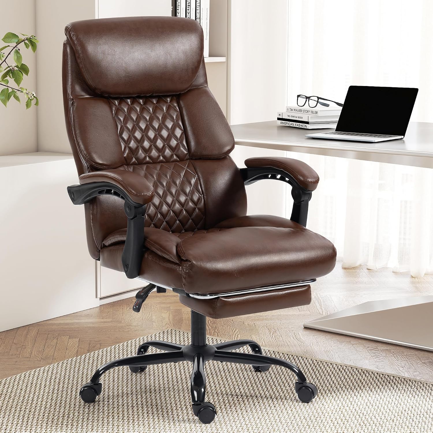 Office Chair, Executive High Back Leather Home Office Desk Chair with Footrest & Lumbar Support - Ergonomic Reclining Comfortable Wide Swivel Rolling Gaming Computer Chair 90-135° Adjustable Tilt Lock