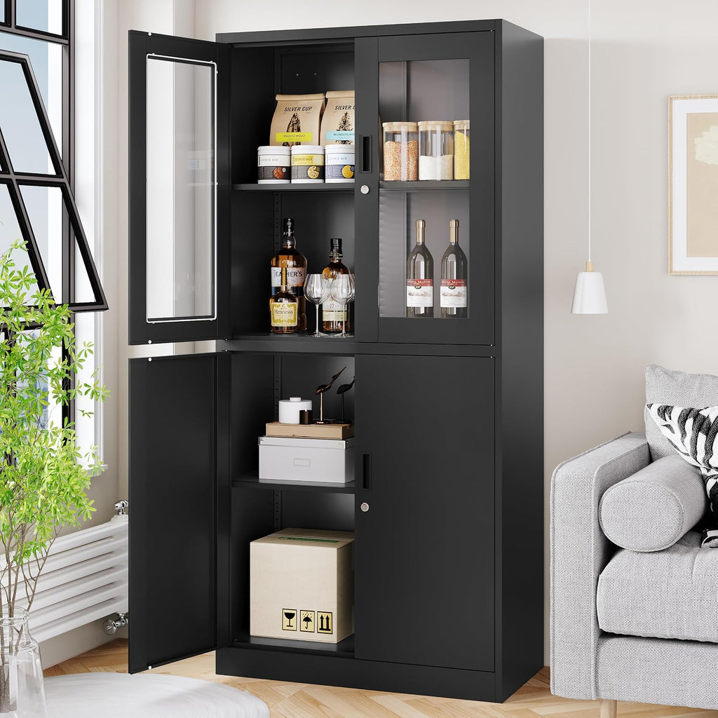 Metal Storage Cabinet with Glass Doors, Lockable Office Storage Cabinet, 71' Tall Display Case with Adjustable Shelves for Home Office,School and Hospital (Black)