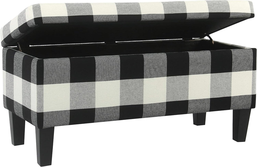 HomePop Large Upholstered Rectangular Storage Ottoman Bench with Hinged Lid, Black Buffalo Plaid
