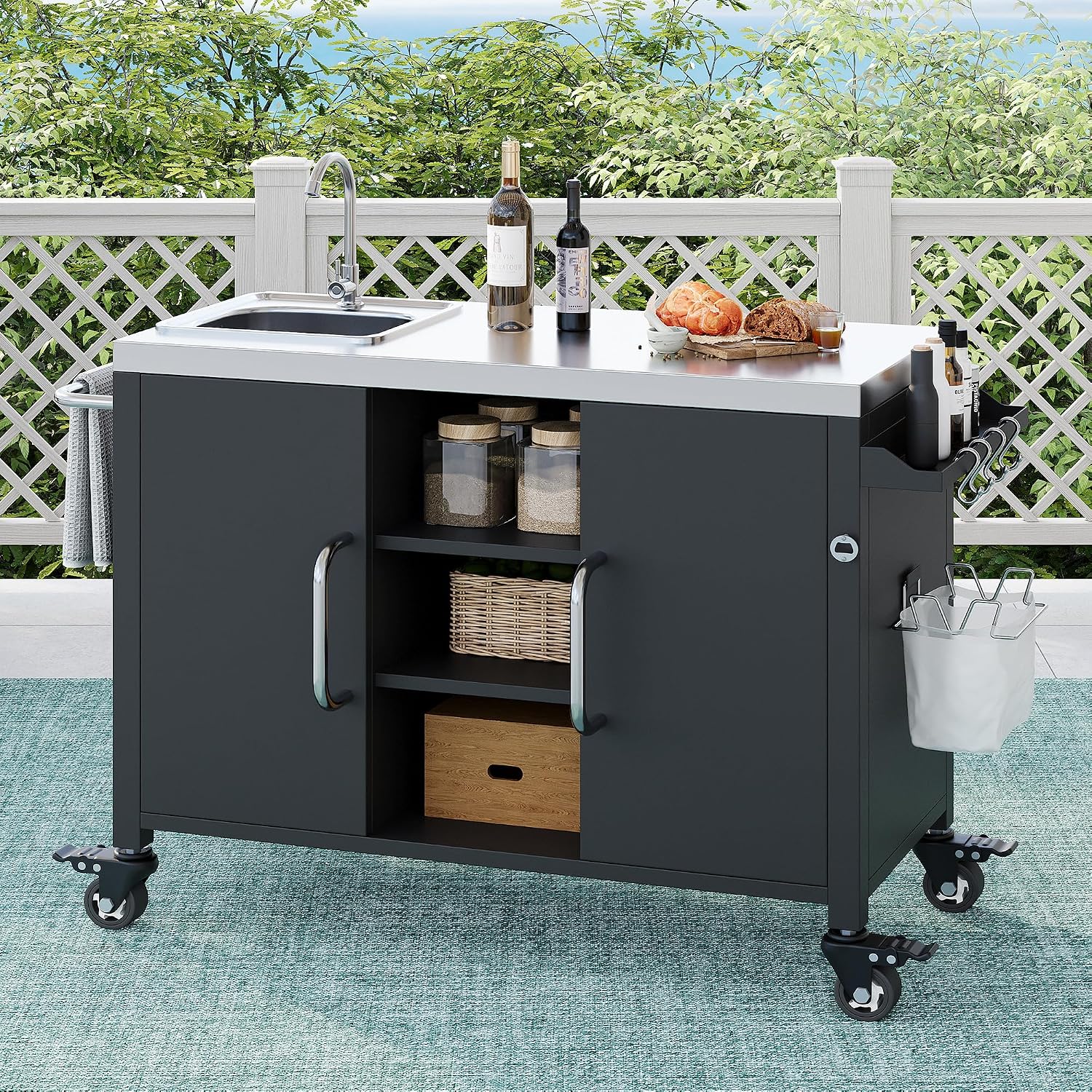 Outdoor Kitchen Island with Sink - 304 Stainless Steel Grill Cart, Locking Wheels, Spice Rack & Storage Cabinets | All-Weather Design for BBQ Prep, Patio, Poolside (Outdoor Island Cart with Sink)