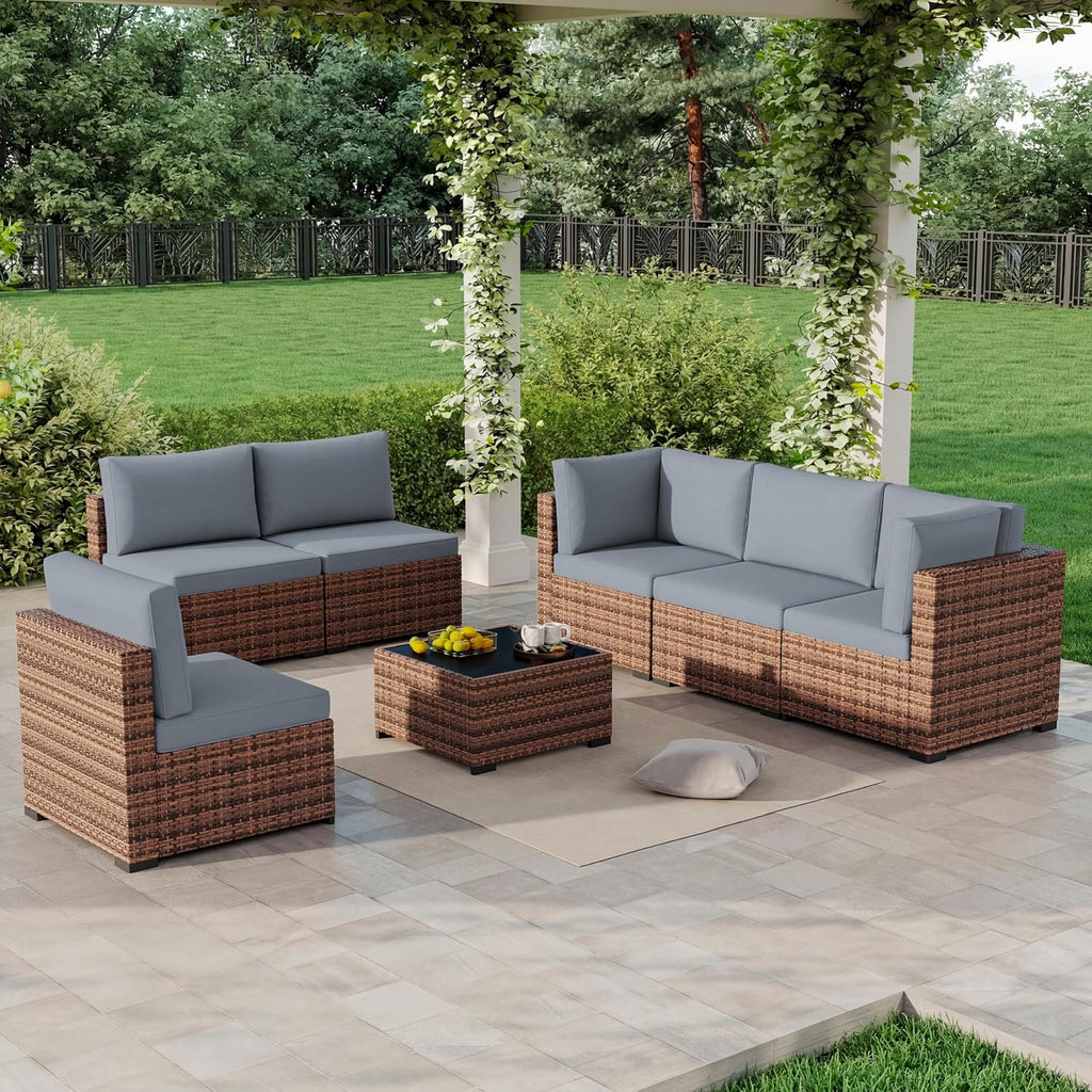 LHBcraft 7 Pieces Outdoor Wicker Rattan Patio Furniture with Rain Cover, Wicker Rattan Outdoor Sectional Sofa Set with Coffee Table & Blue Cushions for Garden, Poolside