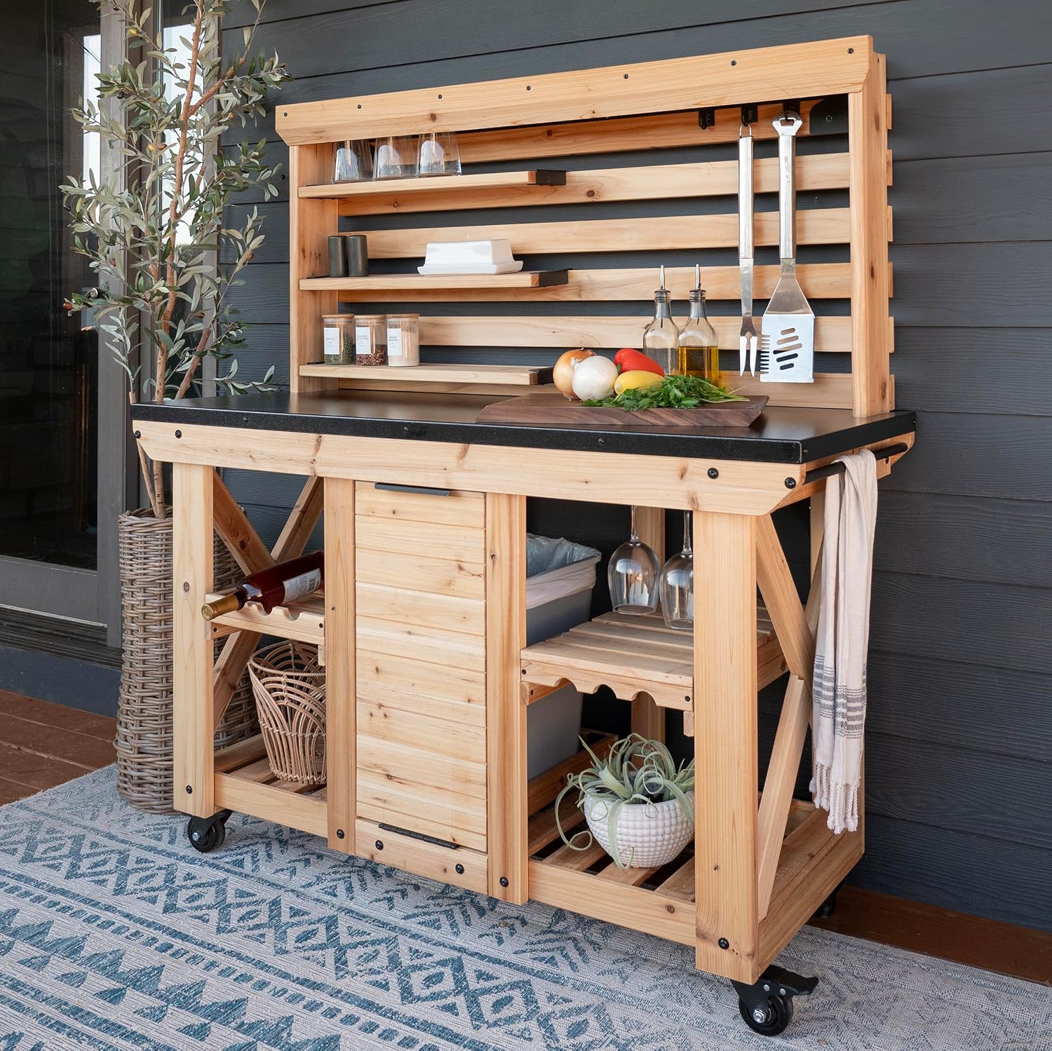 Backyard Discovery 48' Cedar Wood Buffet Hutch Serving Station with Galvanized Steel Countertop, Wine Rack, Wine Glass Rack, Trash Bin, Modular Shelves, Towel Bar, Drink and Food Prep, Indoor/Outdoor