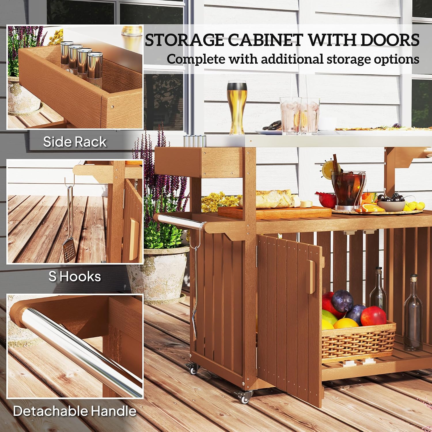 Outsunny Outdoor Bar Cart with Storage Cabinet, Stainless Steel Top Kitchen Island on Wheels, HDPE Outdoor Bar Table, Movable Patio Beverage Food Prep Table for BBQ Picnic, Brown