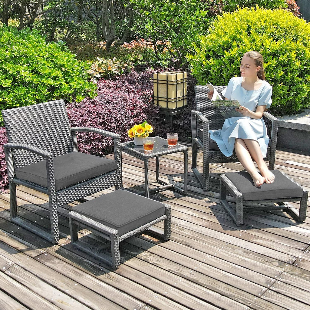 Patiorama 5 Piece Outdoor Patio Wicker Furniture Set, All Weather Grey PE Rattan Chair and Ottoman Footstool Set, W/Coffee Table, Cushions (Dark Grey) for Garden, Balcony, Porch, Space Saving Design