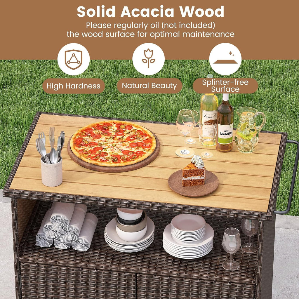 Tangkula Rattan Outdoor Storage Cabinet, Patiojoy PE Wicker Outdoor Cabinet with Acacia Wood Countertop, Open Compartment, Storage Shelf, Outdoor Bar with 4 Wheels for Garden Backyard Deck