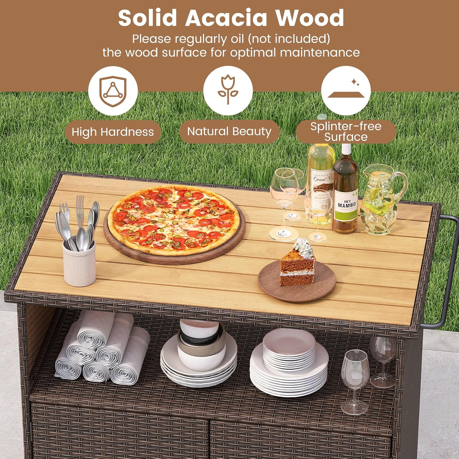 Tangkula Rattan Outdoor Storage Cabinet, Patiojoy PE Wicker Outdoor Cabinet with Acacia Wood Countertop, Open Compartment, Storage Shelf, Outdoor Bar with 4 Wheels for Garden Backyard Deck
