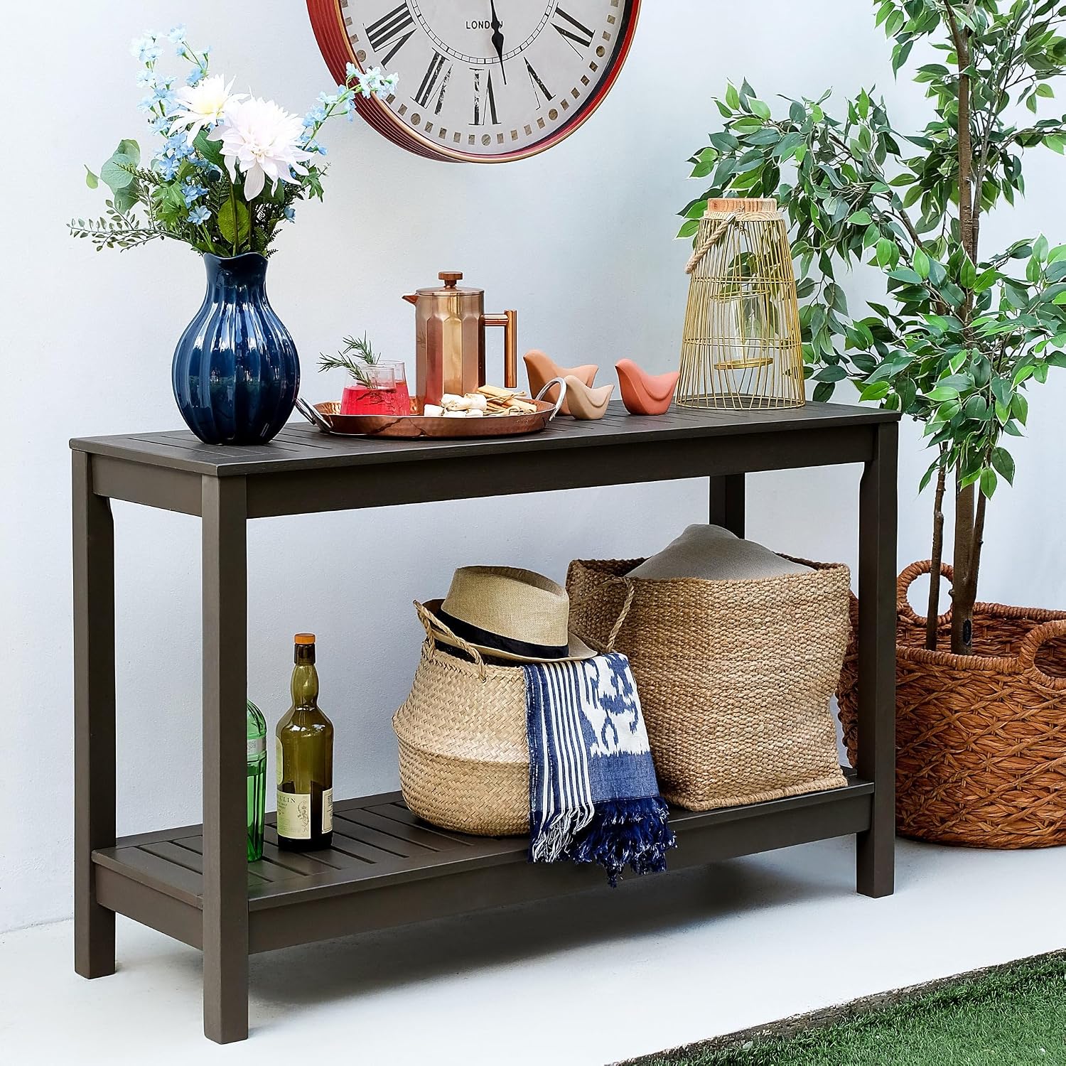 Cambridge Casual Solid Wood Alfresco Outdoor Console Table – Dark Brown Finish – Durable and Stylish Accent Plant Table for Patio, Deck, Porch, Garden, and Outdoor Spaces
