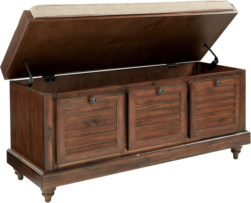 OSP Home Furnishings Dover Coastal Lift-Top Storage Bench with Shutter Face Styling, Distressed Brown Finish with Beige Linen Fabric Cushion