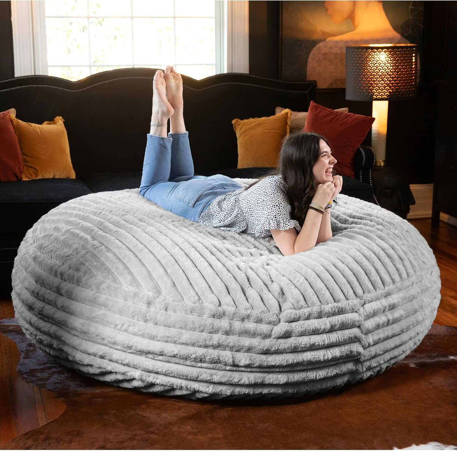 Jaxx 6 Foot Cocoon - 2-in-1 Convertible Bean Bag Bed & Large Bean Bag Chair for Adults, Premium Luxe Faux Fur - Mondo Grey