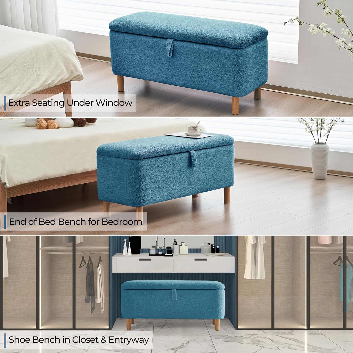 Boucle Storage Ottoman Bench for Bedroom end of Bed, Sherpa Upholstered Shoe Seat Storage Bench for Entryway Bed Foot, Rectangle Cushion Padded Blanket Chest Cute for Living Room, Light Blue
