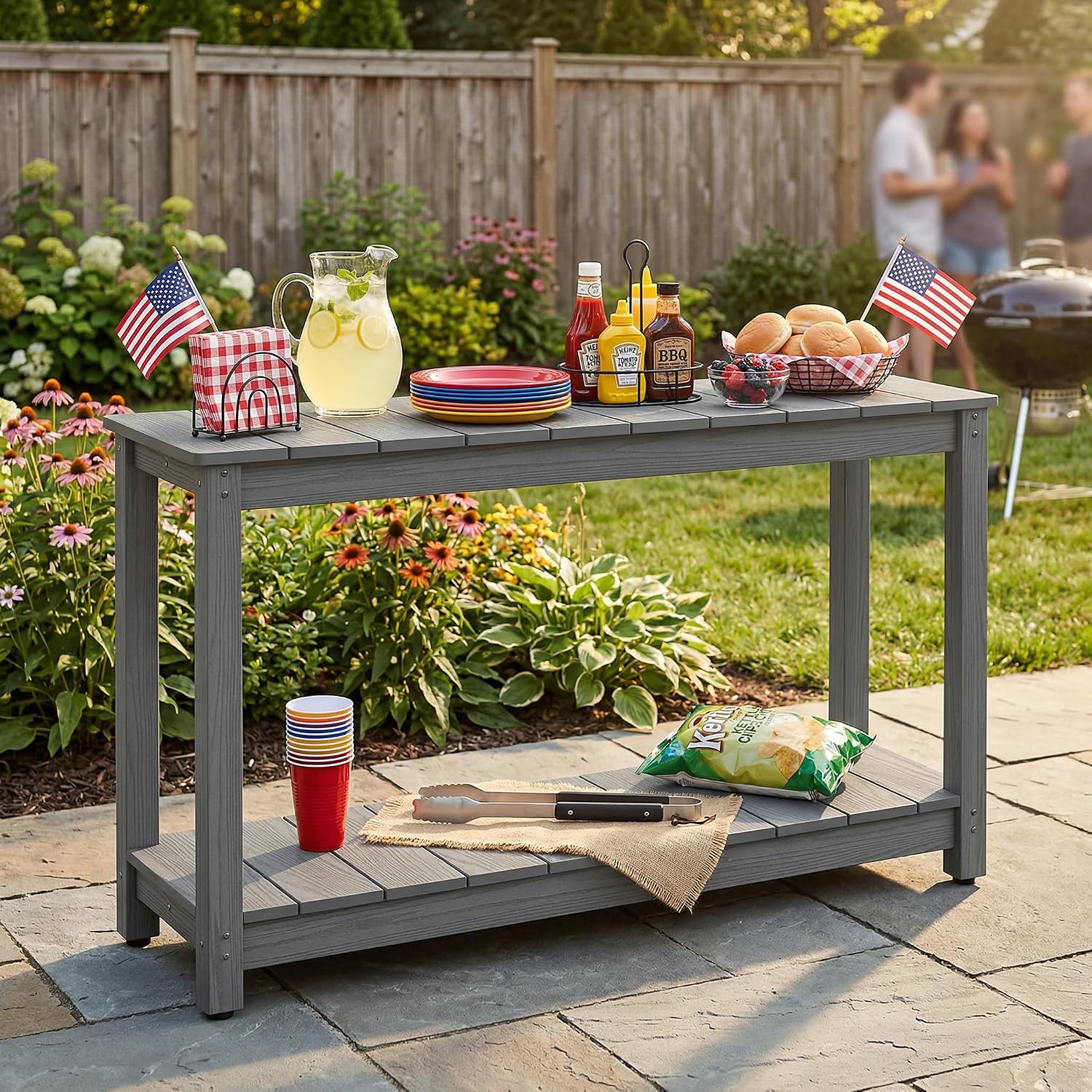 Outdoor Console Table, 48' Weather Resistant HIPS Patio Side Table, 440LBS Weight Capacity, 2-Tier Multifunctional Buffet Bar Storage Organizer for Garden Deck, Gray