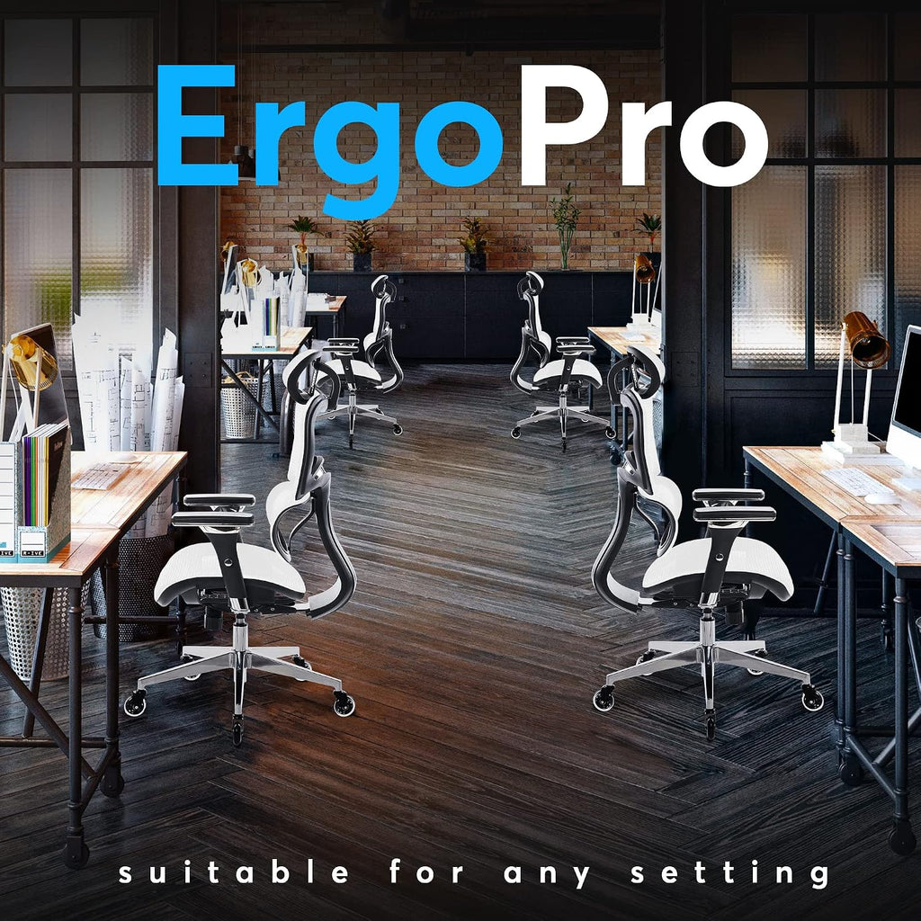 Oline ErgoPro Ergonomic Office Chair with 4D Adjustable Armrest, 3D Lumbar Support and Blade Wheels - Mesh Computer Gaming Rolling Desk Executive Swivel Home Chair (White)