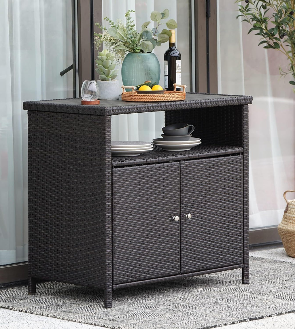 Grand patio Wicker Storage Cabinet Outdoor Wicker Sideboard Waterproof Buffet Cabinet for Garden Kitchen Pool Dark Brown