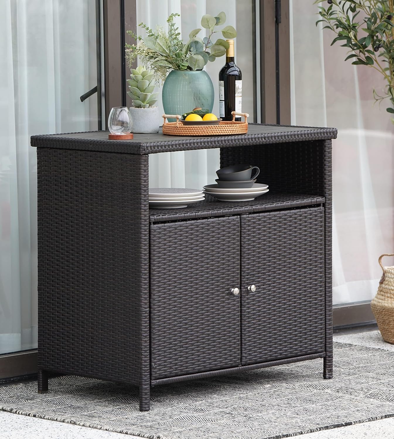 Grand patio Wicker Storage Cabinet Outdoor Wicker Sideboard Waterproof Buffet Cabinet for Garden Kitchen Pool Dark Brown