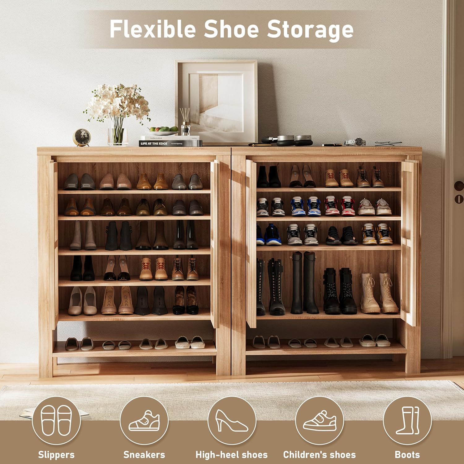 INNOD 43' Tall Shoe Storage Cabinet with Doors, 8-Tier Entryway Shoe Cabinet with Adjustable Shelves, Modern Freestanding Shoes Rack Organizer Cabinet for Entryway Hallway Front Door
