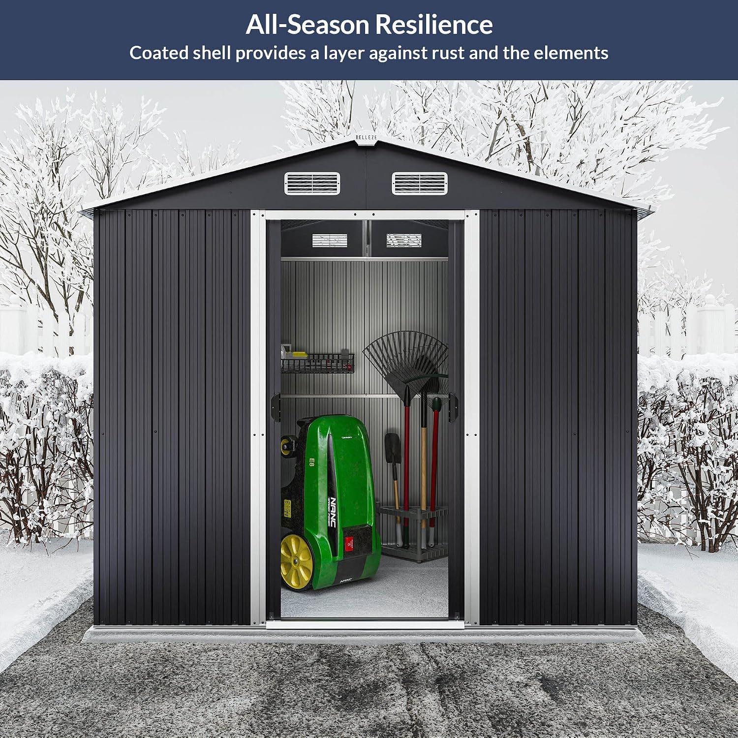 BELLEZE 8 x 6 FT Weatherproof Garden Storage Shed, Reinforced Outdoor Metal Shed with Air Vent and Lockable Door, Storage Shed for Store Bike, Tools, Lawnmower, Outdoor Chairs in Backyard, Patio