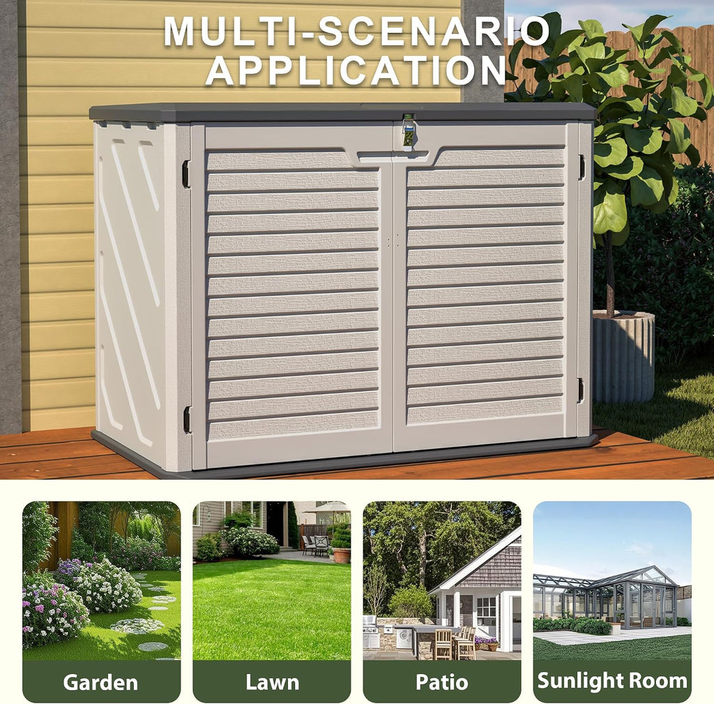 YOPTO Outdoor Storage Shed Horizontal Plastic Shed W/Lockable Cabinet,Weather Resistance Foldable House W/Sloped Roof & Dual-Locking Mechanism,28 Cu.ft Garden Tool House for Backyards,Patio,White