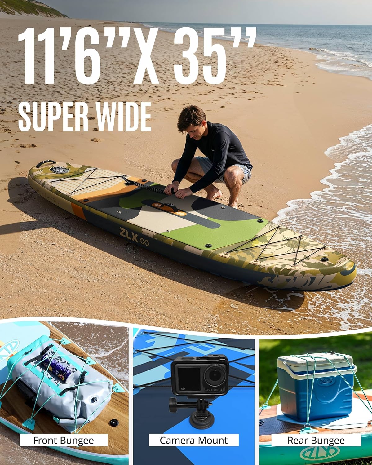 ZLX 11'6'x35' Ultra Wide Inflatable Stand Up Paddle Board | Stable Non-Slip Deck Pad, Unique Fin System, Premium SUP Accessories & Backpack - Upgraded Pump for Adults, All Skill Levels