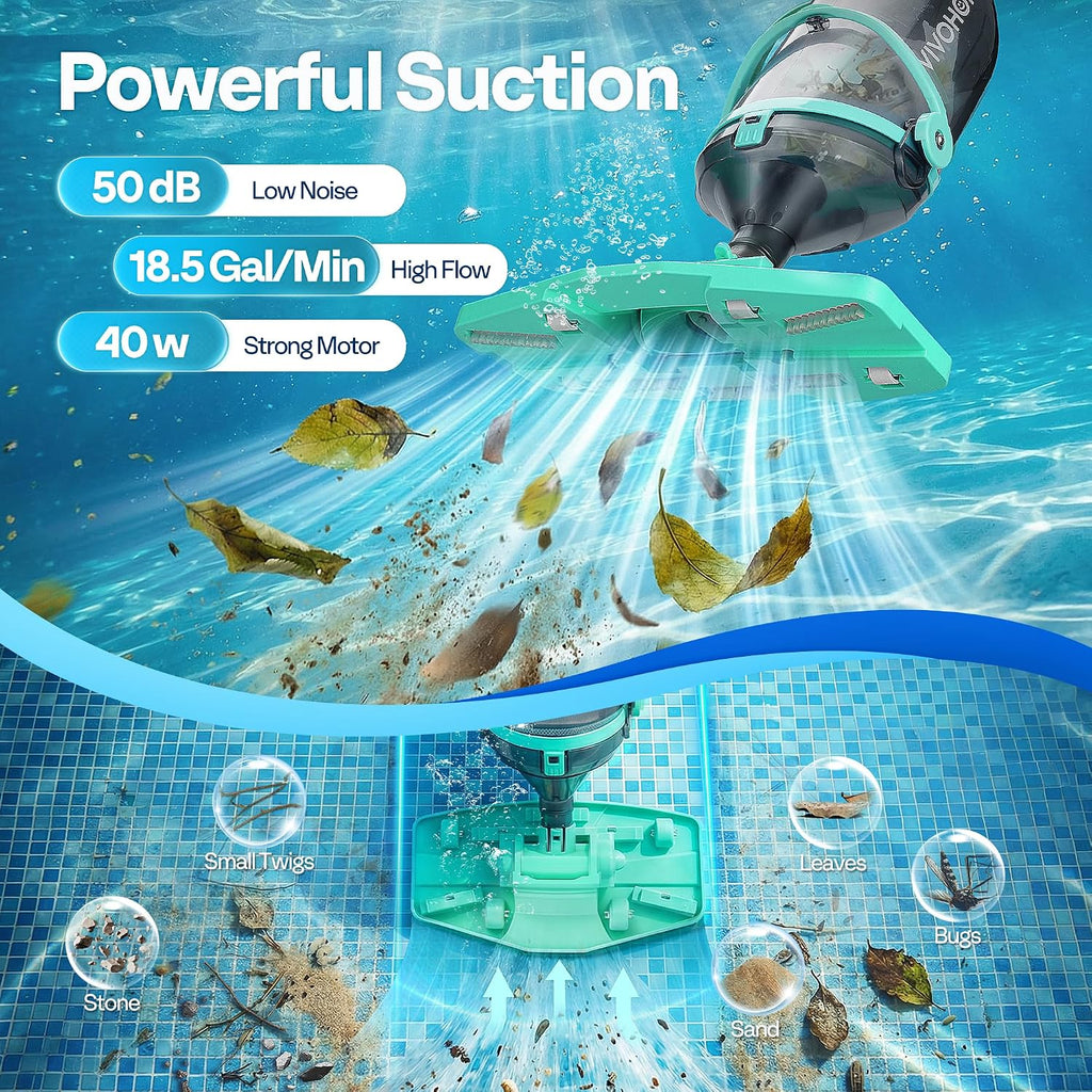VIVOHOME Handheld Pool Vacuum 1110 GPH Suction Cordless Pool Cleaner 40W Powerful Motor Long-Run 60min Battery, Adjustable 9.12FT Pole for Above Ground & In-Ground Pools, Spas - Green