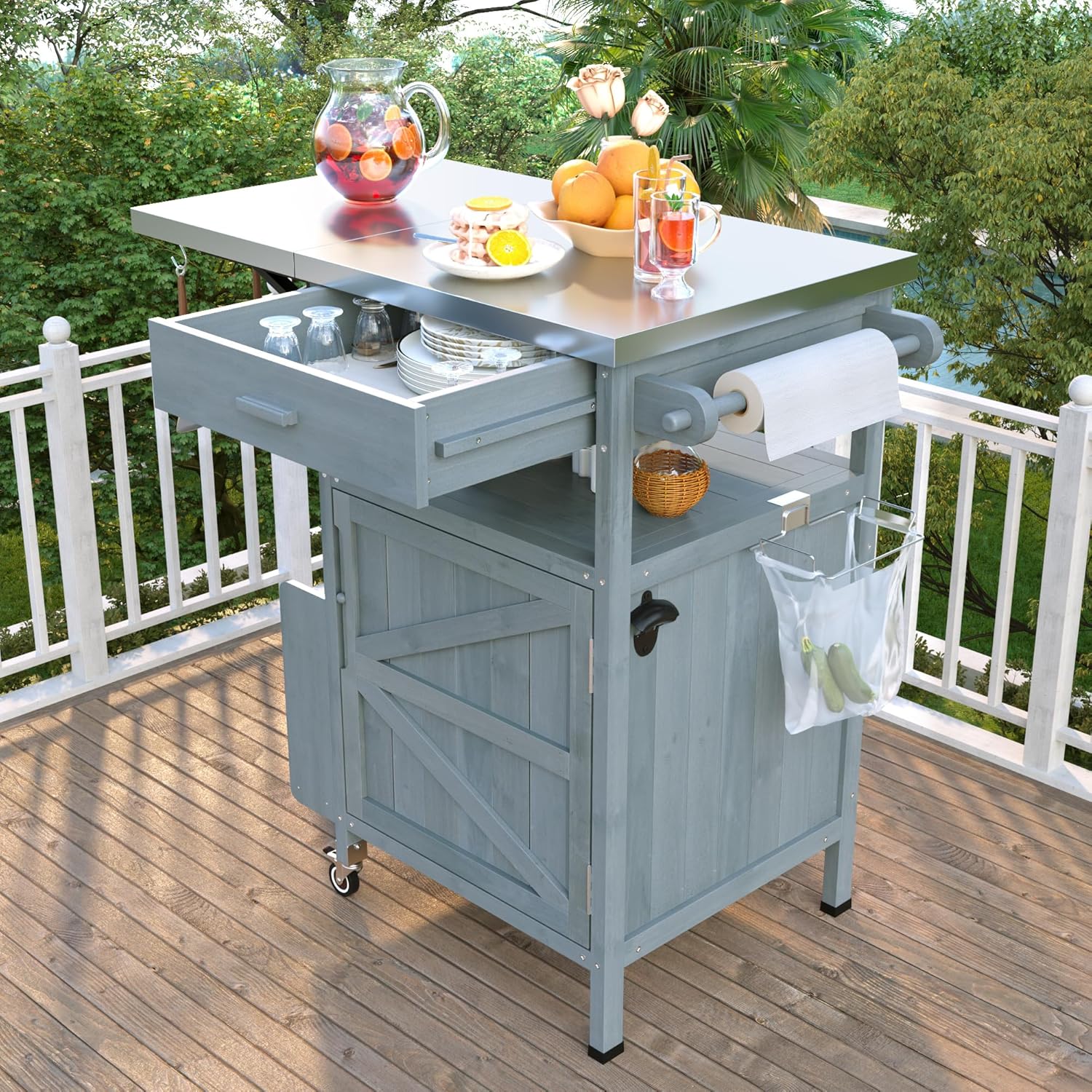 Merax 40.5' Outdoor Grill Cart with Stainless Steel Top, Outdoor Storage Cabinet with Drop Leaf, One Drawer, Towel Rack, Rolling Kitchen Cart with Lockable Wheels for Lawn Garden, Blue Grey