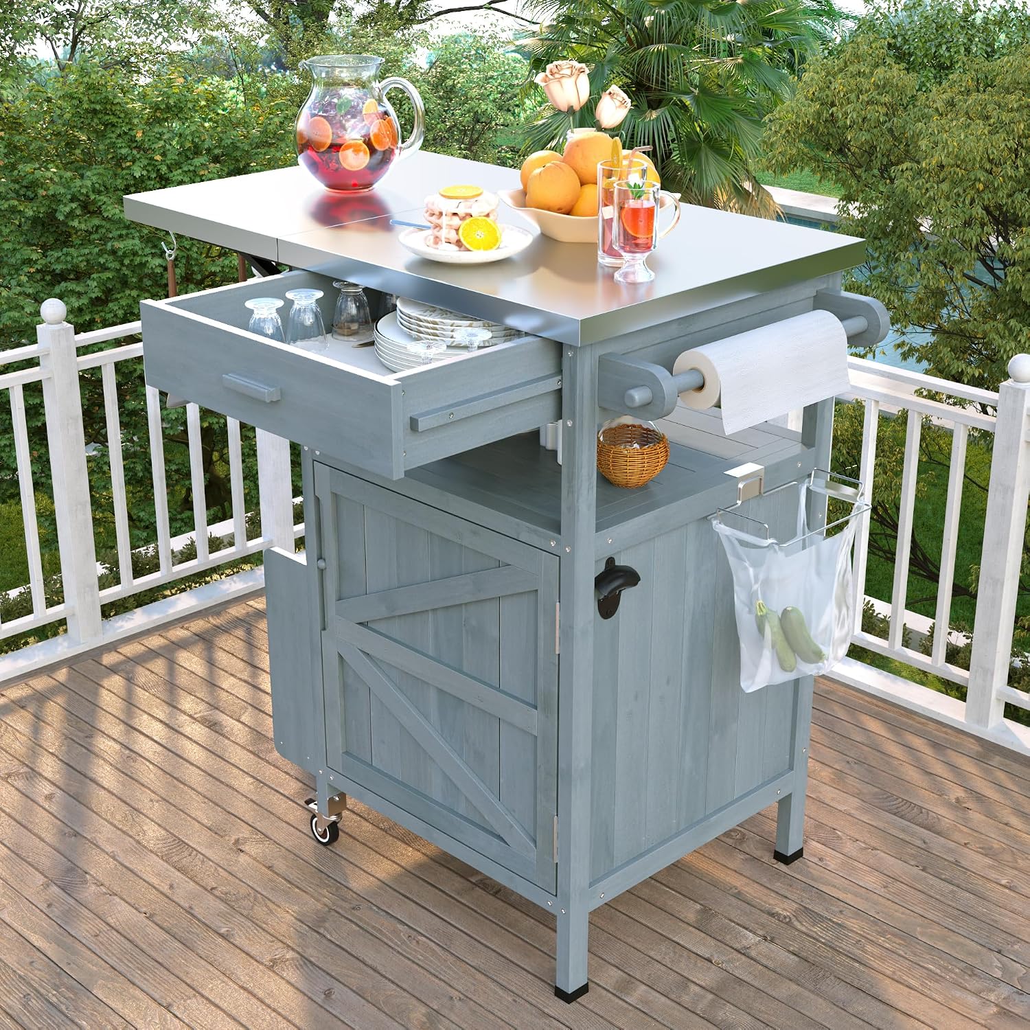 40.5' Outdoor Grill Cart with Stainless Steel Top, Solid Wood Outdoor Storage Cabinet with Drop Leaf, One Drawer, Towel Rack, Rolling Kitchen Cart with Lockable Wheels for Lawn Garden, Blue Grey