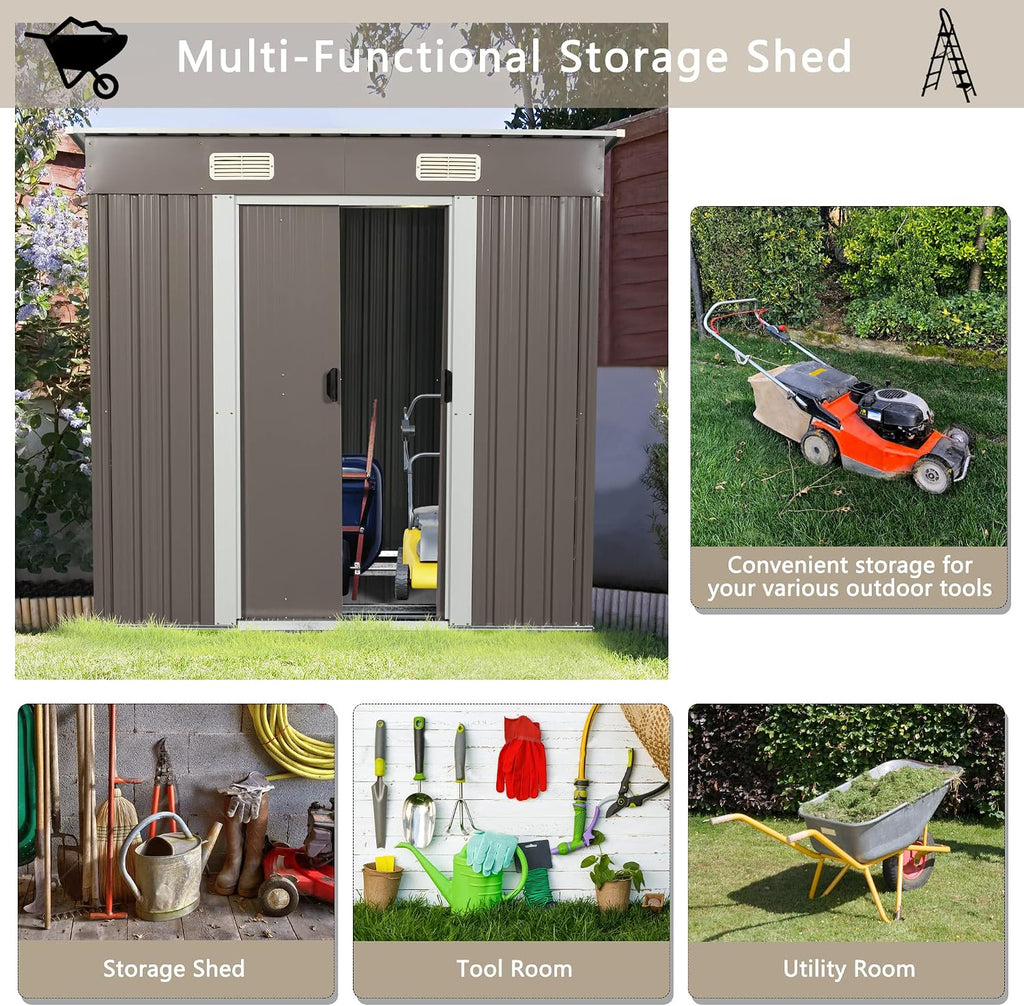6.4ftX4ft Outdoor Storage Shed with Metal Foundation and Sliding Doors, Waterproof Tool Storage Shed for Patio Lawn Backyard (Gray-6.4ftx4ft)