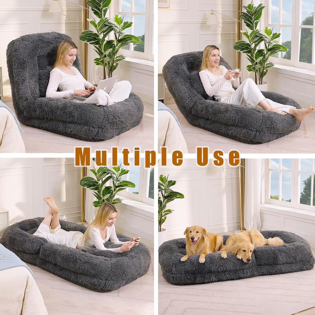 Floor Chair with Back Support, Human Dog Bed with 5 Adjustable Position, Convertible Lazy Floor Lounger, Comfy Gaming Chair, Plush Folding Sofa Bed for Adult, Living Room, Bedroom, Dark Gray