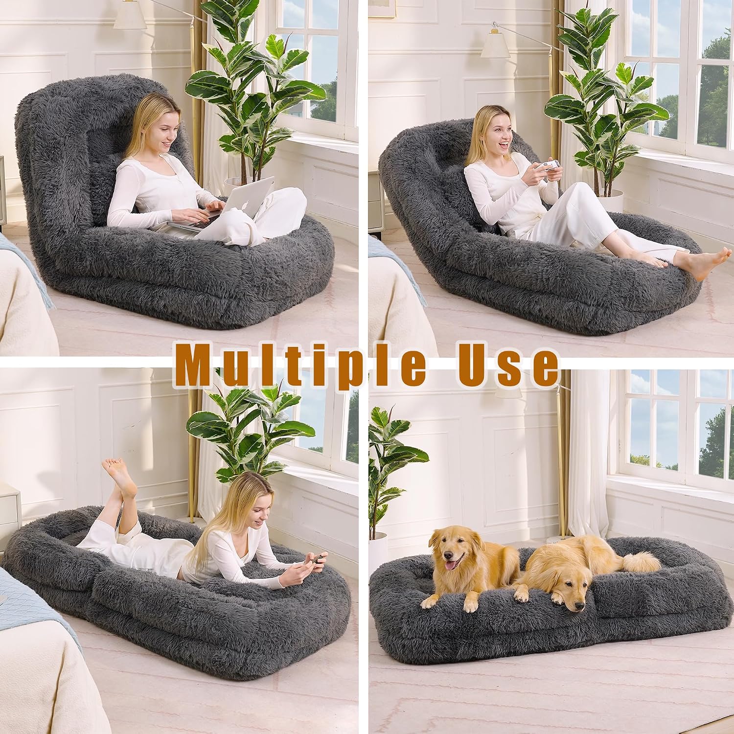 Floor Chair with Back Support, Human Dog Bed with 5 Adjustable Position, Convertible Lazy Floor Lounger, Comfy Gaming Chair, Plush Folding Sofa Bed for Adult, Living Room, Bedroom, Dark Gray