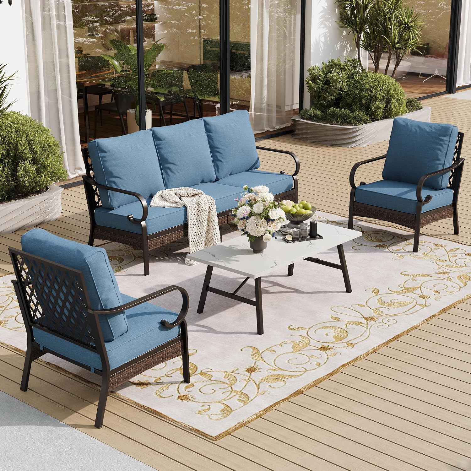 SUNSHINE VALLEY 4 Piece Metal Outdoor Patio Furniture Set, Patio Conversation Sets 1 3-Seater Sofa, 2 Chairs with 5.75' Extra Thick Cushion and Coffee Table, Black Frame Backyard Furniture, Denim Blue