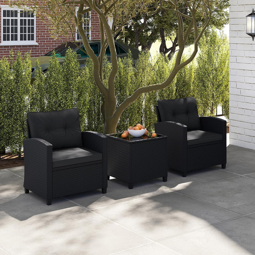 ORALNER 3 Pieces Patio Furniture Set, Wicker Conversation Set Outdoor Chairs with Cushions, Glass Coffee Table, Rattan Bistro Set for Front Porch Balcony Garden Deck Poolside (Black)