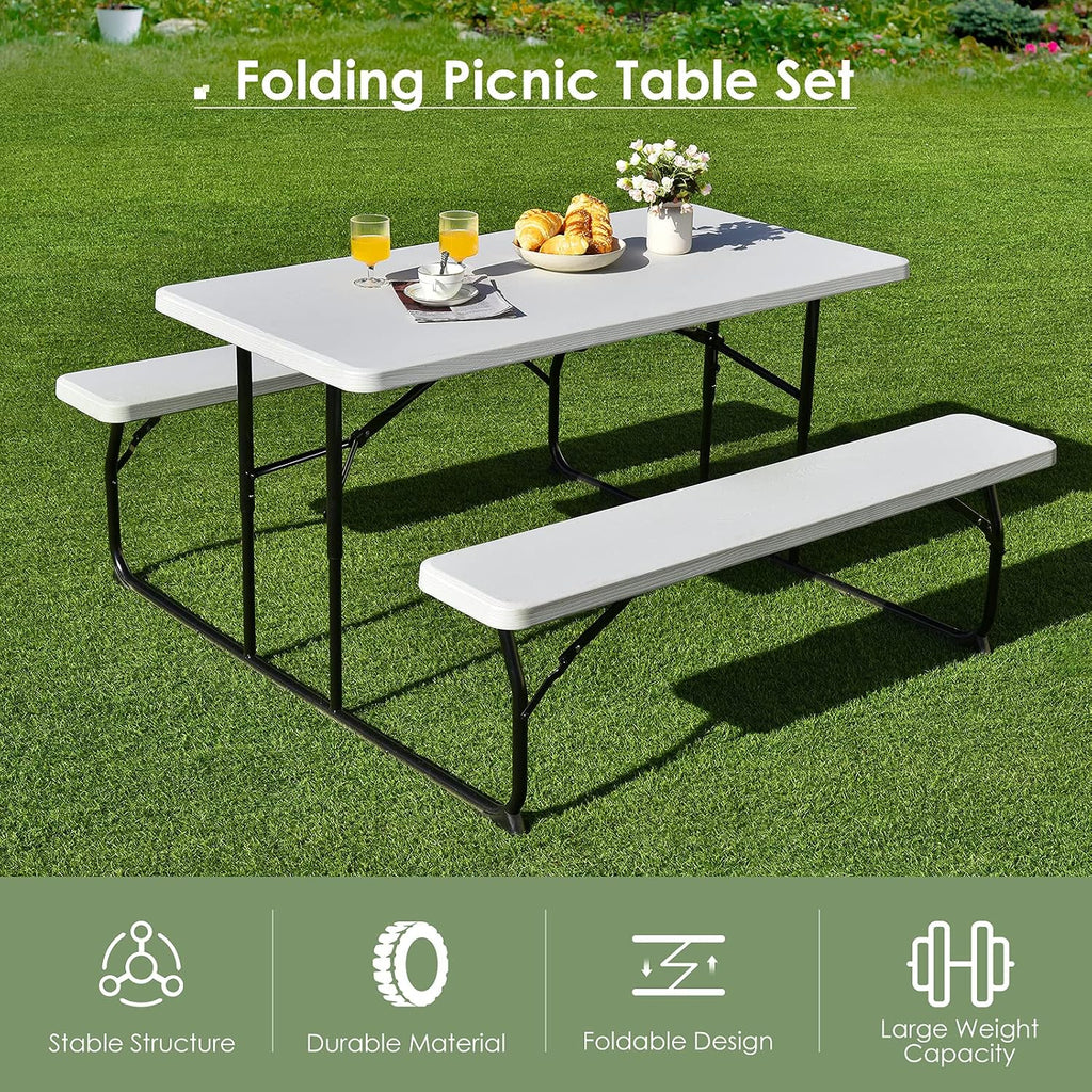 Giantex Folding Picnic Table Bench Set, Outdoor Dining Table Set, Large Camping Table for Patio Deck Lawn Garden Backyard Poolside, Portable Picnic Tables, Weather Resistant Metal Frame, White