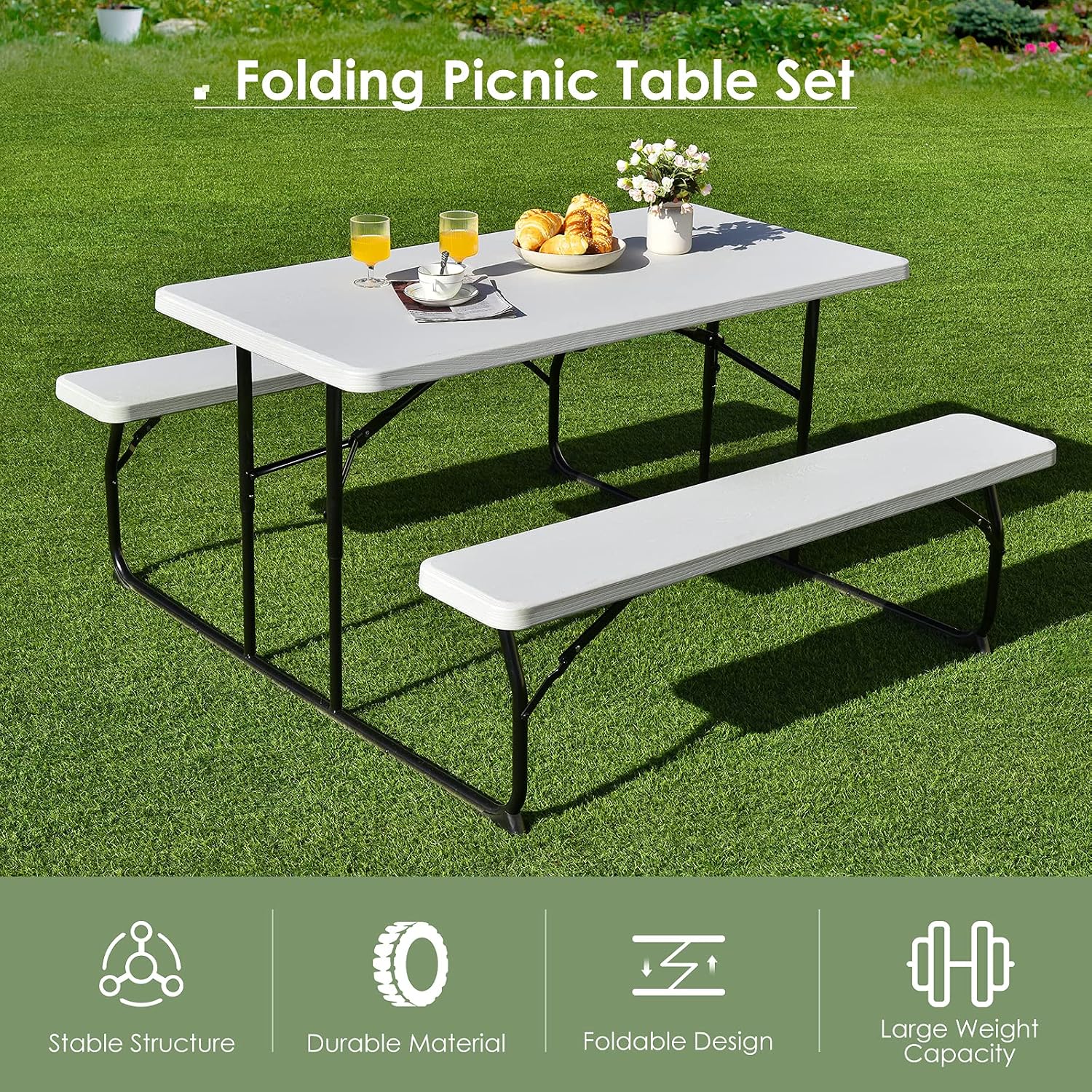 Giantex Folding Picnic Table Bench Set, Outdoor Dining Table Set, Large Camping Table for Patio Deck Lawn Garden Backyard Poolside, Portable Picnic Tables, Weather Resistant Metal Frame, White