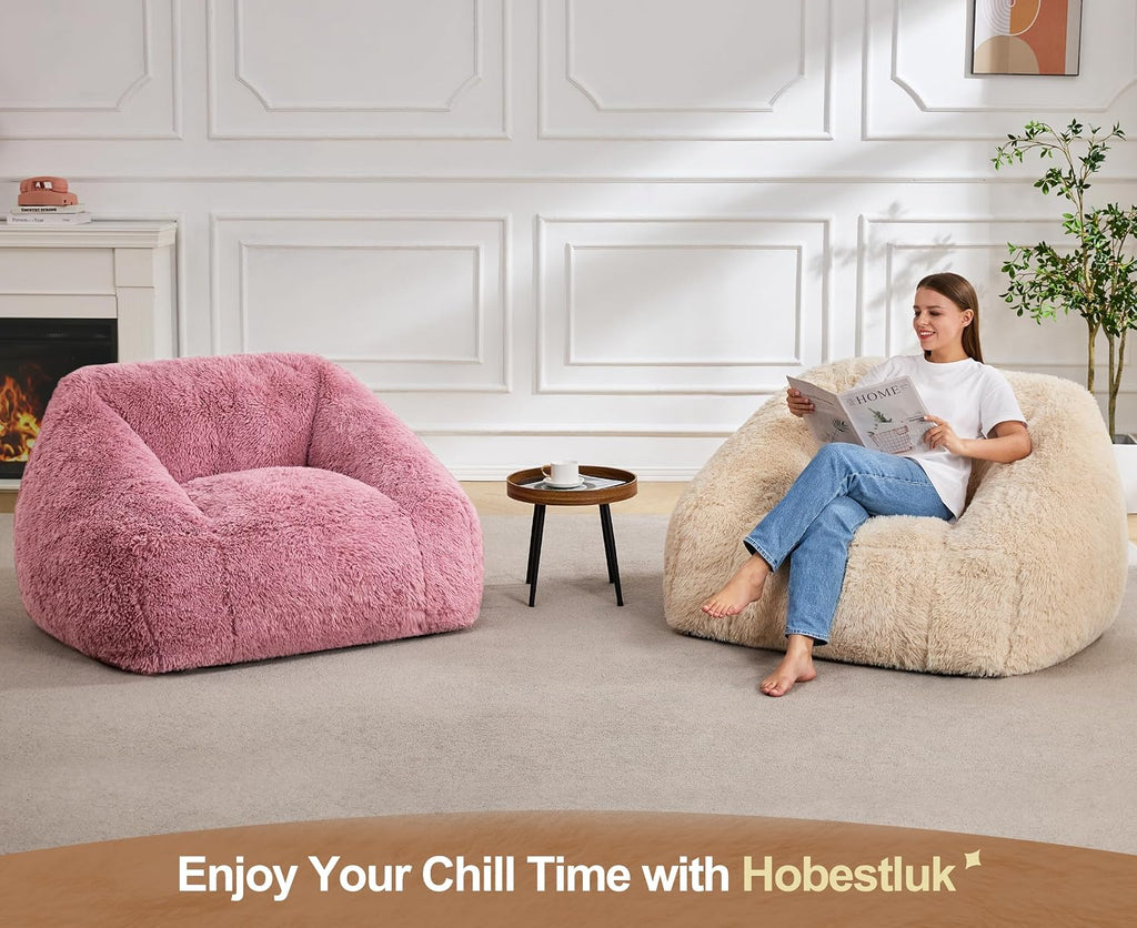 Hobestluk Giant Bean Bag Chair Memory Foam Filled Sofa Chair Bean Bag for Adults/Teens/Kids, Plush Fur Oversized Lazy Sofa for Living Room Bedroom Dorm(Beige)