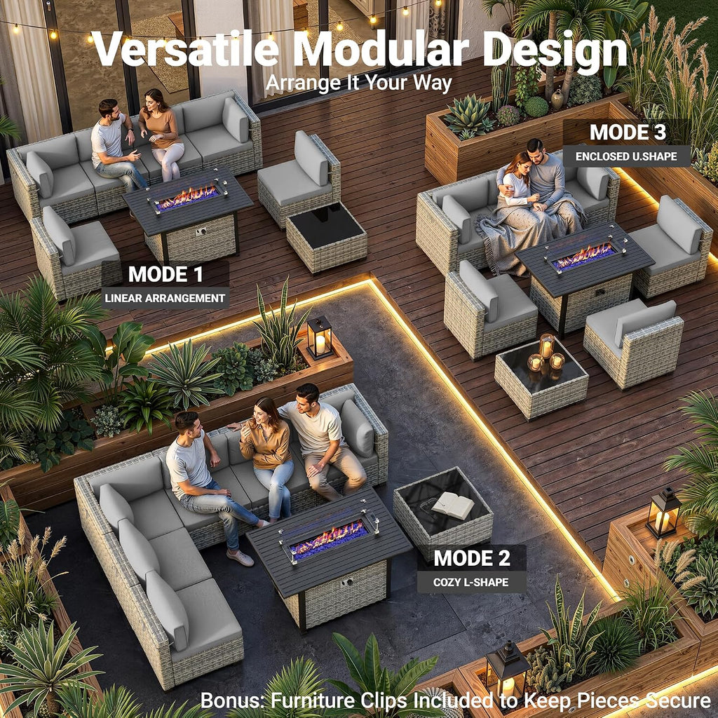 8-Piece Modern Patio Furniture Set with 55,000 BTU Fire Pit Table, Thick Cushions, Dual-Strand Wicker Rattan, Rust-Resistant Frame, Grey