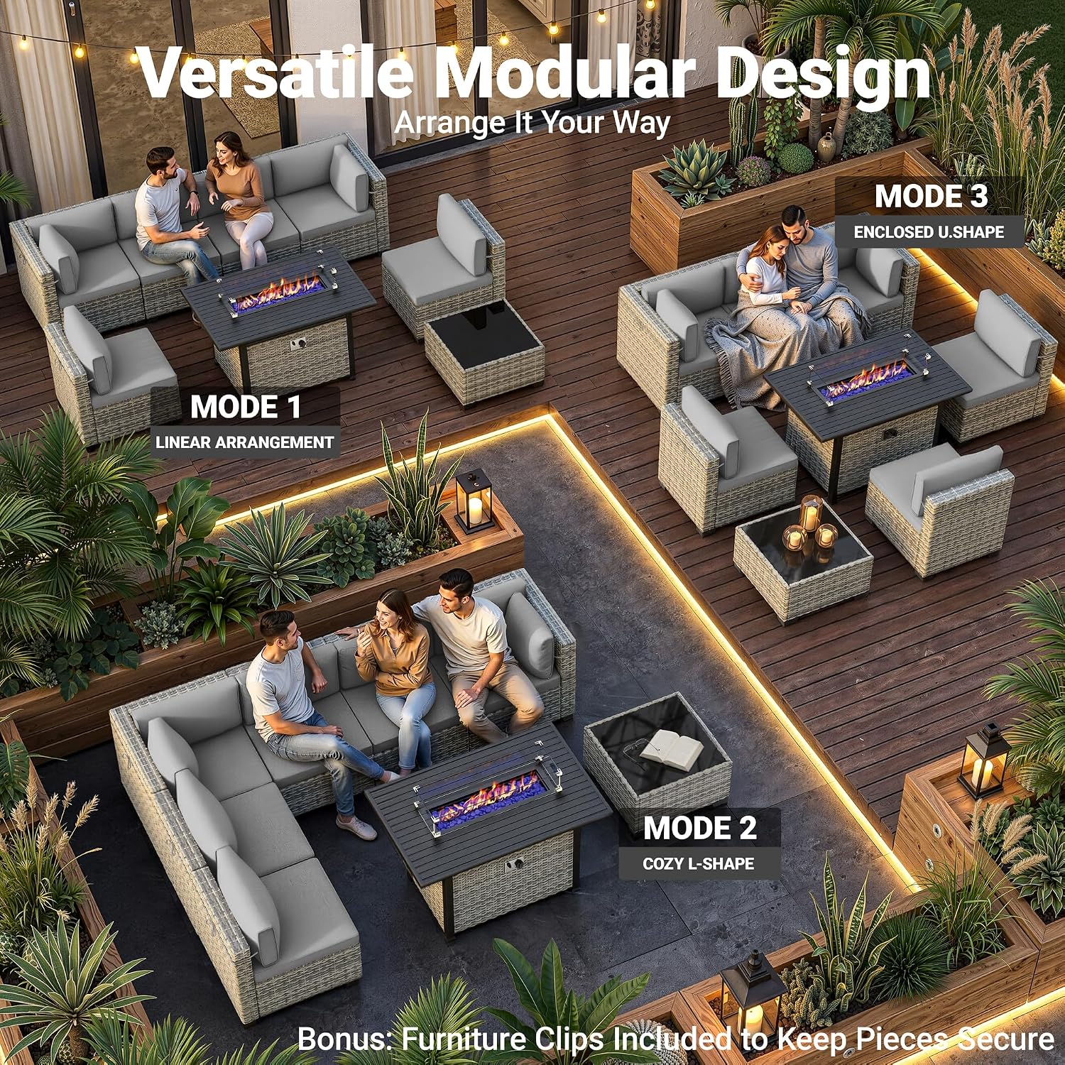 8-Piece Modern Patio Furniture Set with 55,000 BTU Fire Pit Table, Thick Cushions, Dual-Strand Wicker Rattan, Rust-Resistant Frame, Grey
