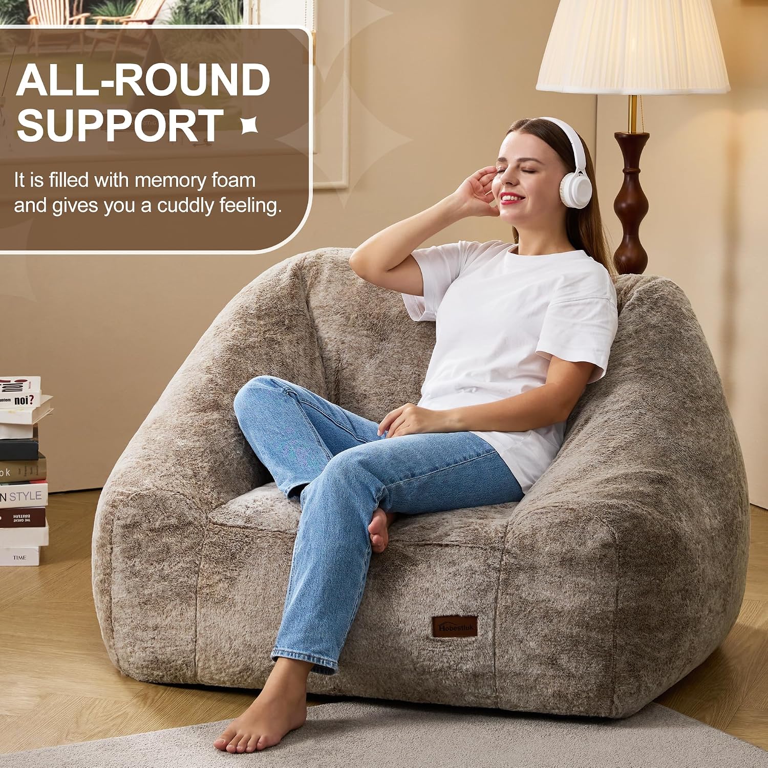 Hobestluk Giant Bean Bag Chair Memory Foam Filled Sofa Chair Bean Bag for Adults/Teens/Kids, Oversized Lazy Accent Comfy Stuffed BeanBag Sofa for Living Room Bedroom Dorm Reading(Brown)