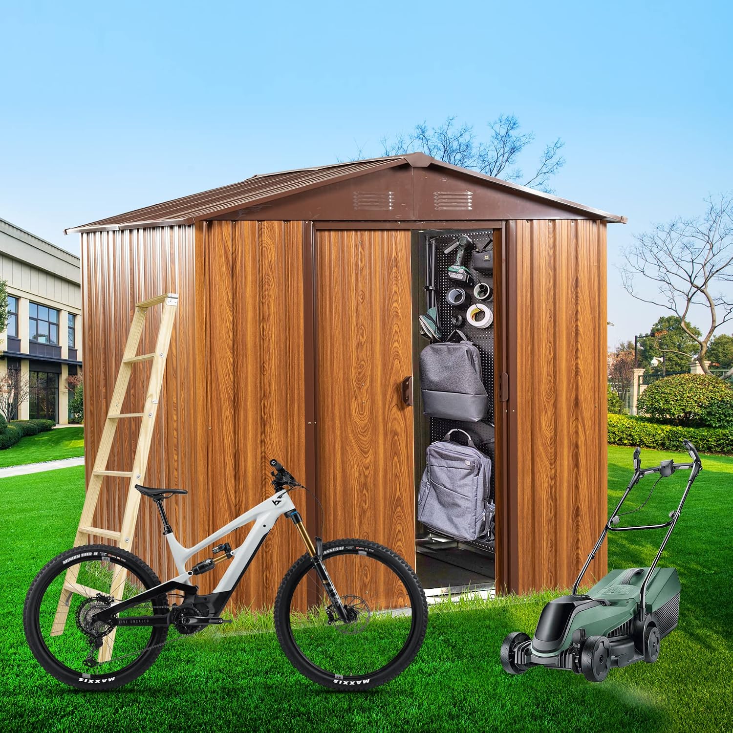 6 x 6 FT Outdoor Storage Shed, Metal Garden Shed with Floor Frame, Tool Shed Outdoor Storage with Lockable Sliding Doors & Air Vents, Storage House Waterproof for Backyard, Lawn, Coffee