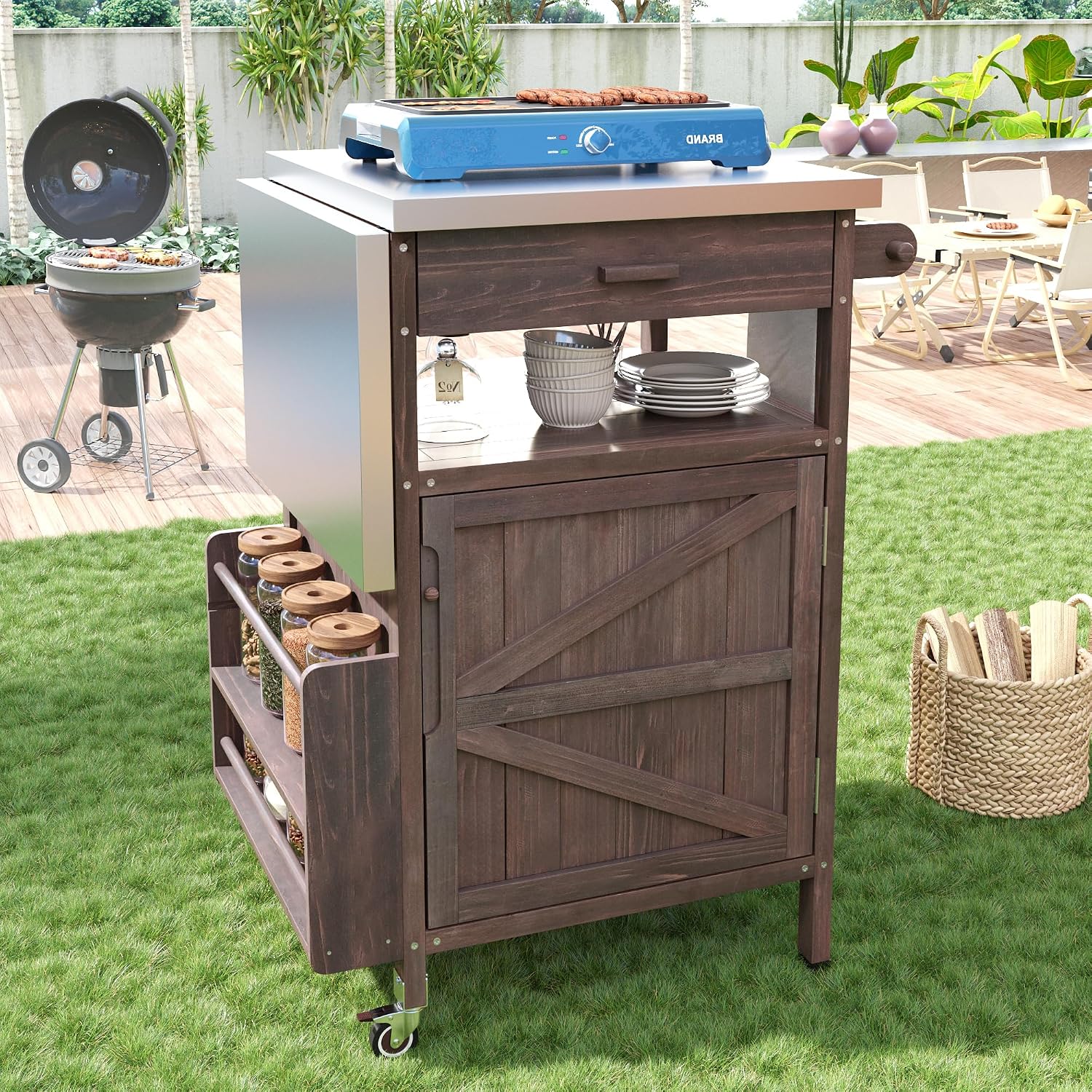 40.5' Outdoor Grill Cart with Stainless Steel Top, Solid Wood Outdoor Storage Cabinet with Drop Leaf, One Drawer, Towel Rack, Rolling Kitchen Cart with Lockable Wheels for Lawn Garden, Brown